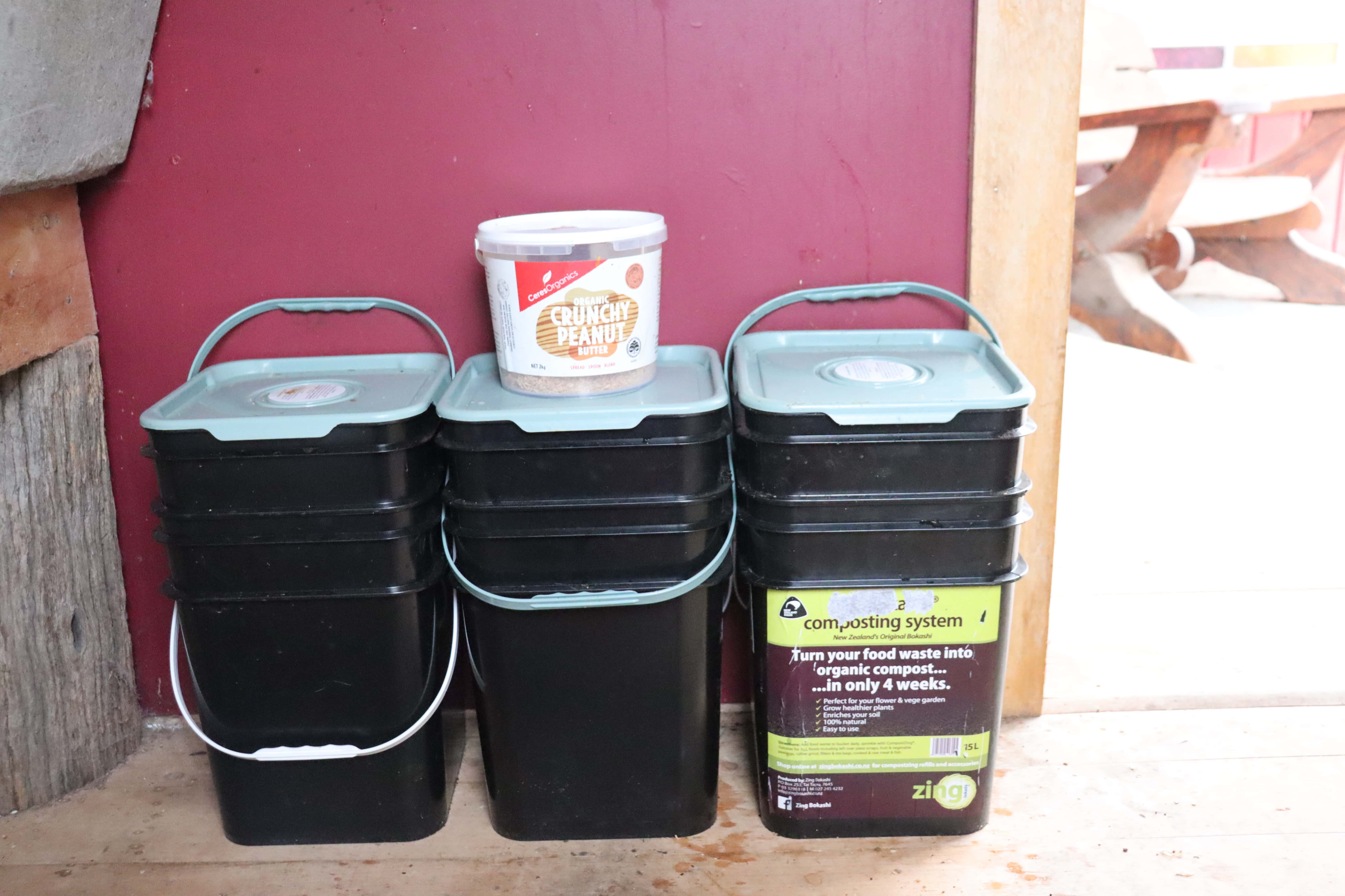 3 bokashi buckets in the laundry