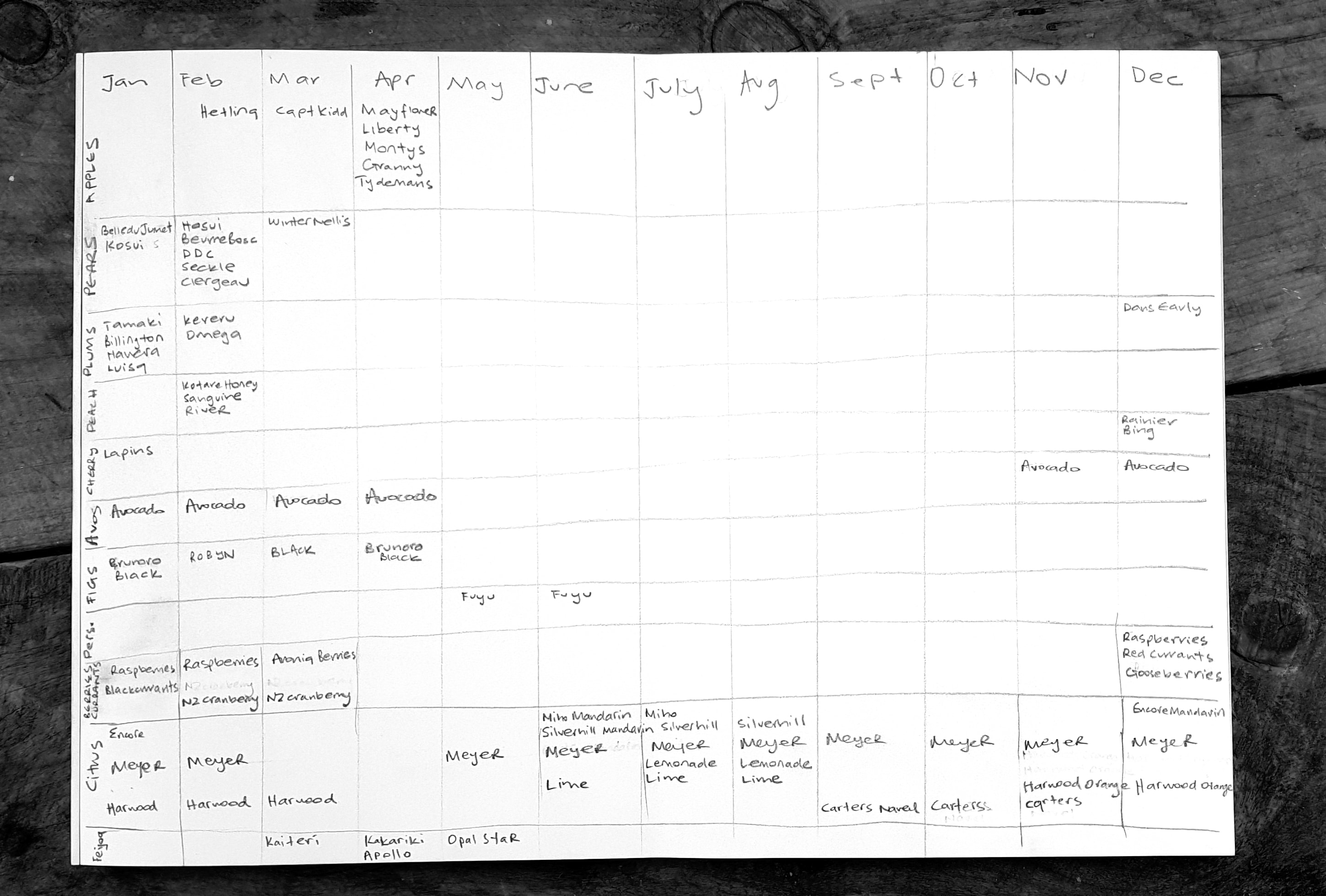 calendar showing when fruit is ripe in which month
